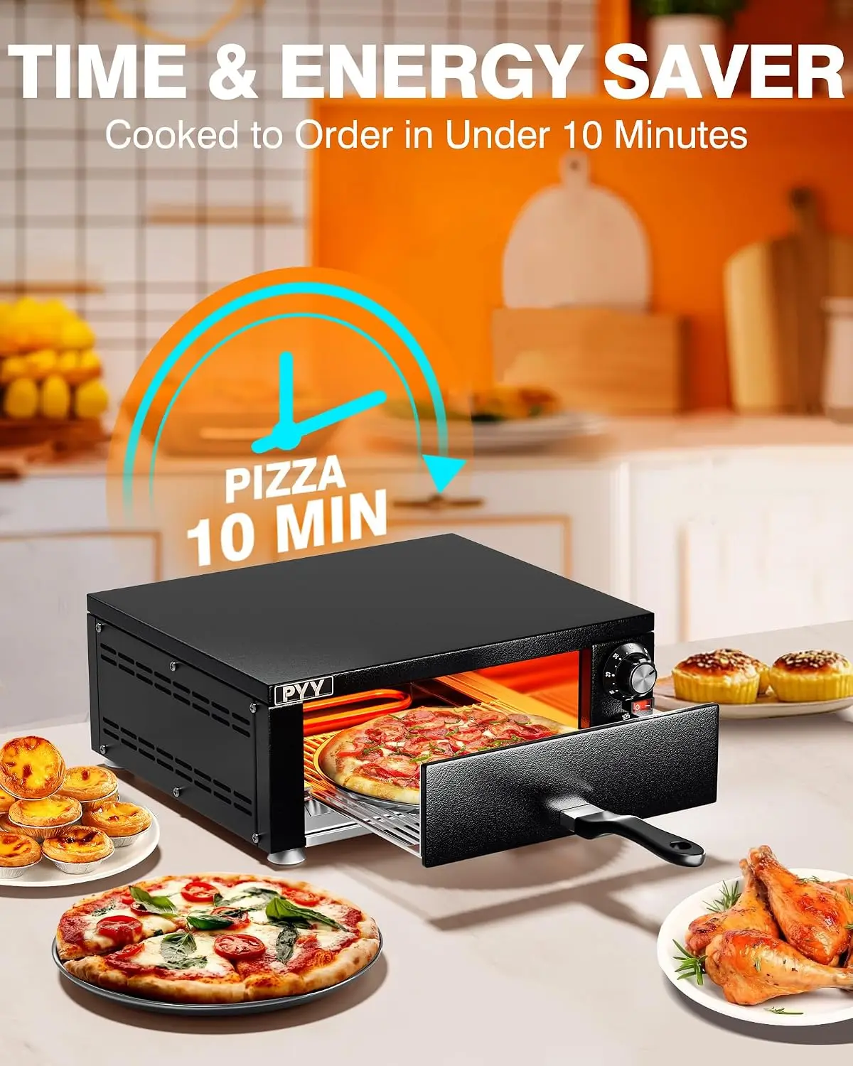 Indoor Countertop Electric Pizza Oven with Timer, Stainless Steel Commercial Pizza Maker for Home Use, Matte Black