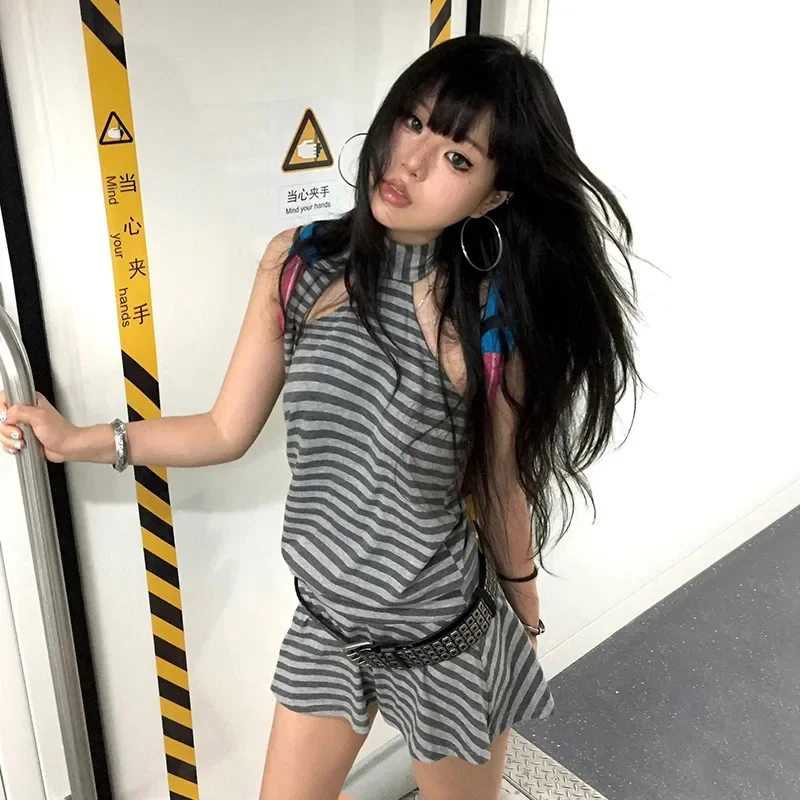 2025 Y2k Aesthetics Halter Dress Japanese 2000s Style Grey Striped Short Dress Vintage Harajuku Backless Mini Dress Grunge