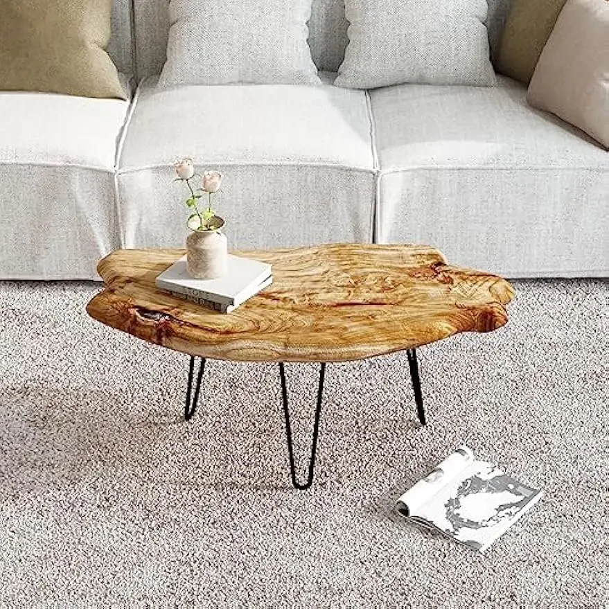 Live Edge Cedar Wood Coffee Table Metal Hairpin Legs for Living Room They from roots or stumps with grain patterns, holes, knots