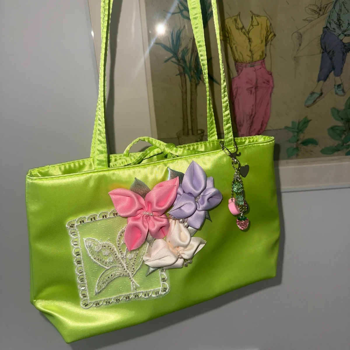 Bolsos de almacenamiento de satén verde Y2K con decoración floral 3D, bolso de mano vintage bordado, bolso pequeño con abalorios bonitos, bolso de uso diario para mujer.