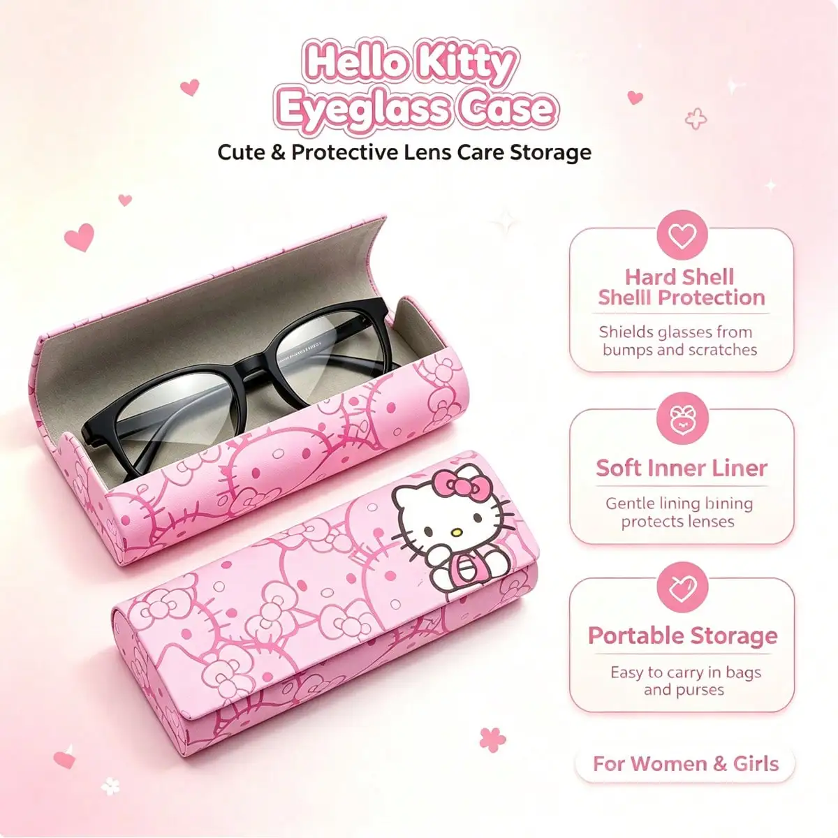 Hello Kitty Hard Glasses Case,Cute Cartoon Print Eyeglasses Storage Box,Portable Anti Shock Sunglasses Protective Women & Girls - view 2