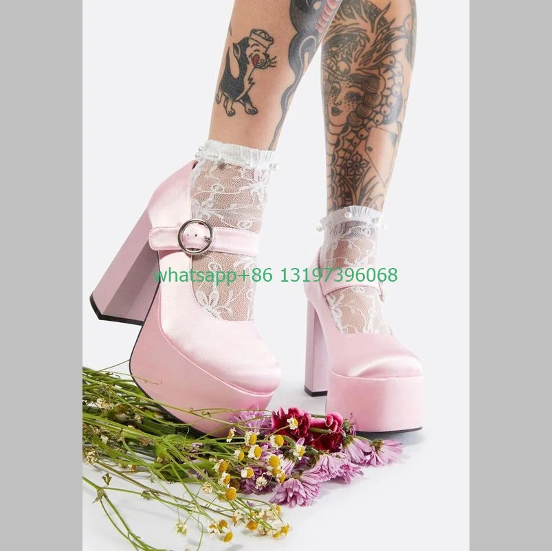 Lady pink stain chunky heel Mary janes shoes buckle strap elegant Y2K style pumps Gothic style platform high heels size 3546