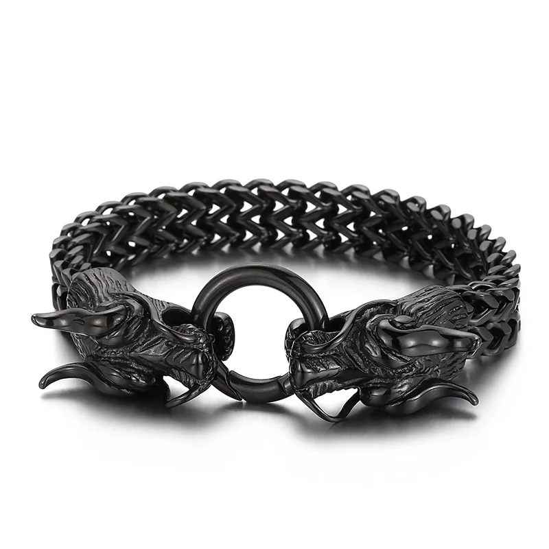 

12mm Heavy Punk Black Dragon Head Bracelet Men Hiphop Gold Silver Color Stainless Steel Bike Double Mesh Chain Bangle Jewelry