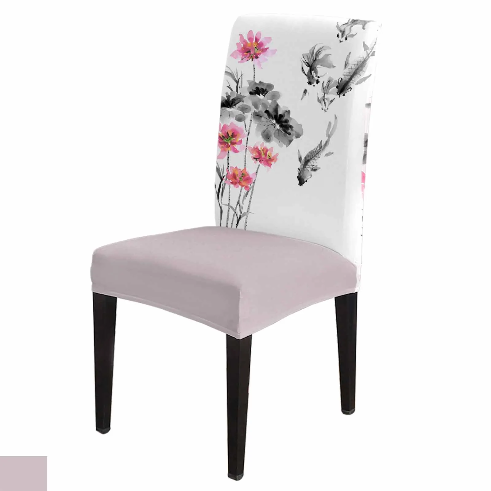 Ink Painting Lotus Carp Chair Cover for Dining Room Spandex Stretch Seat Cover for Wedding Banquet Party Seat Case