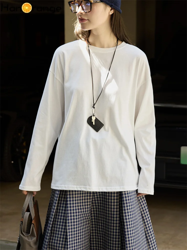 

HanOrange 2025 Early Autumn Simple Casual O-neck Long Sleeve T-shirt Women Soft Slightly Elastic Versatile Top Tees White