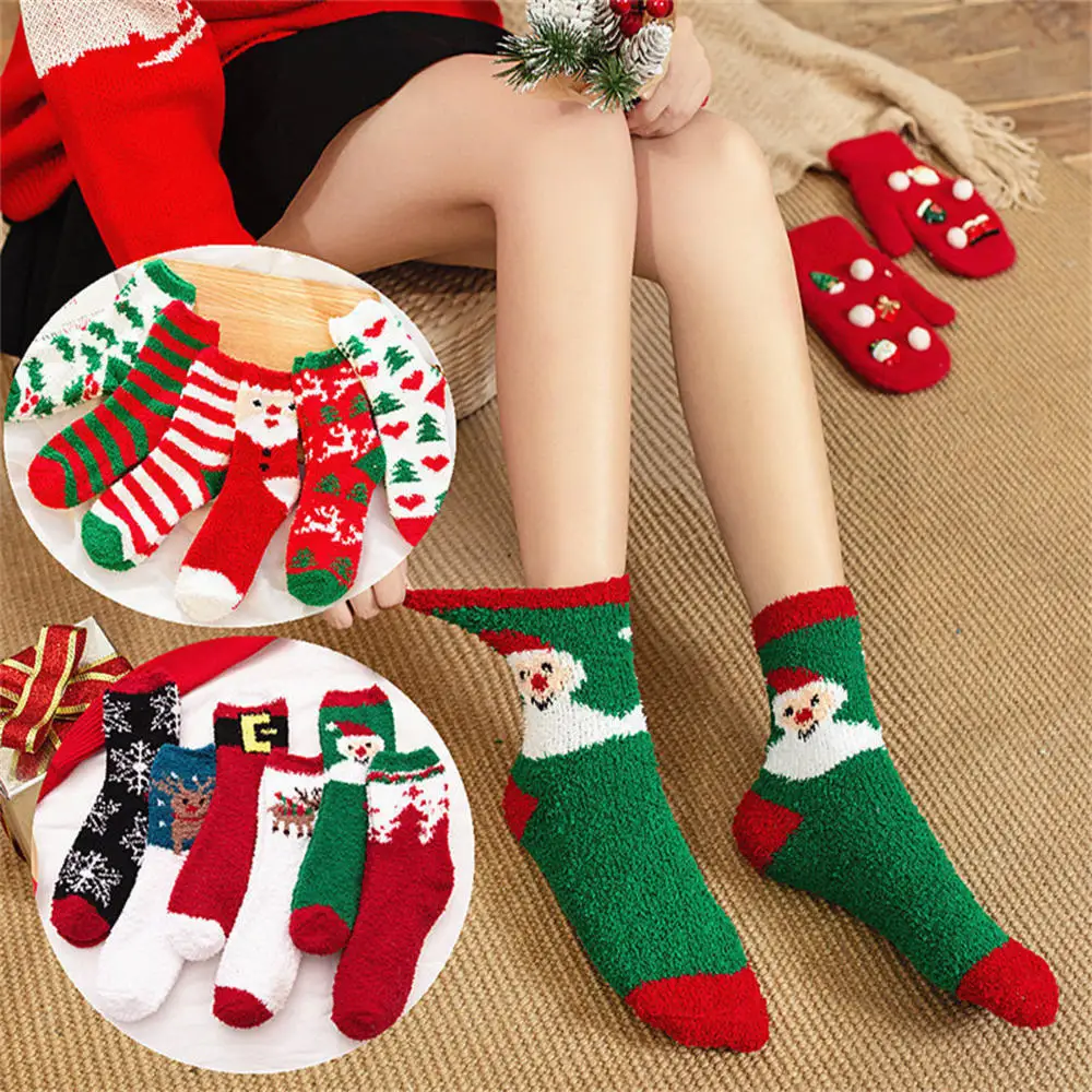 

Christmas Coral Velvet Stocking Elk Santa Claus Stripe Socks Women Fall and Winter Thicken Adult Home Floor Socks Sleeping Socks