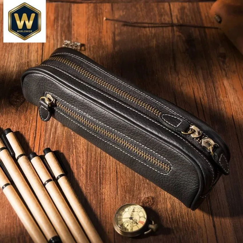 2019 New Handmade 100% Genuine Head Layer Cowhide Pen Bag - Large Capacity Leather Pencil Pouch