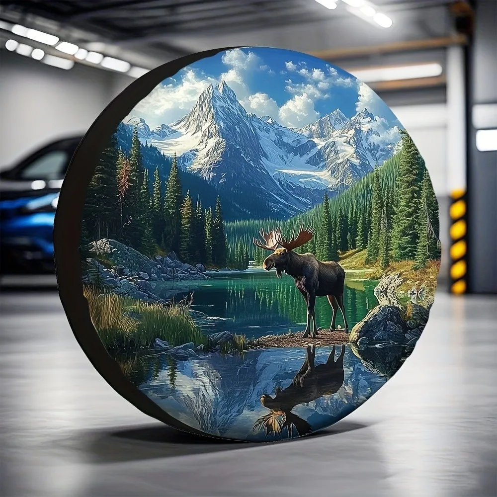

Moose in Mountains Tire Cover Storage Bag Durable Polyester Trailer Wheel Protector Accessory
