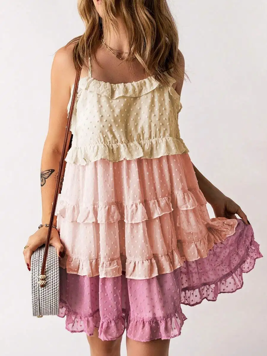 

Многослойное мини-платье с градиентным эффектом омбре, рюшами и швейцарской отделкой в горошек для женщин