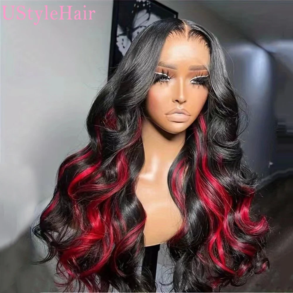 UStyleHair Black Body Wave Wig with Red Highlights Heat Resistant Synthetic Lace Front Wig Daily Use Natural Hairline Frontal