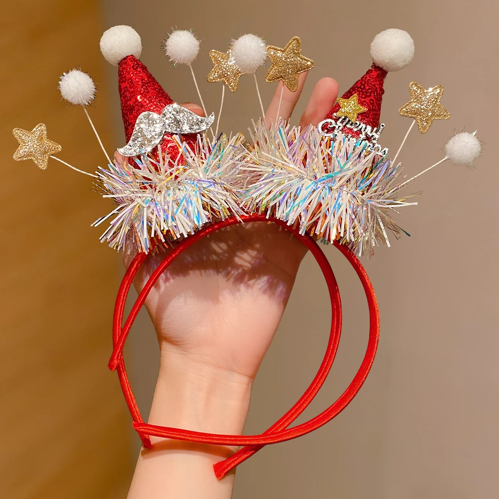 1 Weihnachts-Stirnband (Stern-Pompon und Pailletten) – festlich, ideal für Weihnachten, Partys, Geschenke und Foto-Requisiten