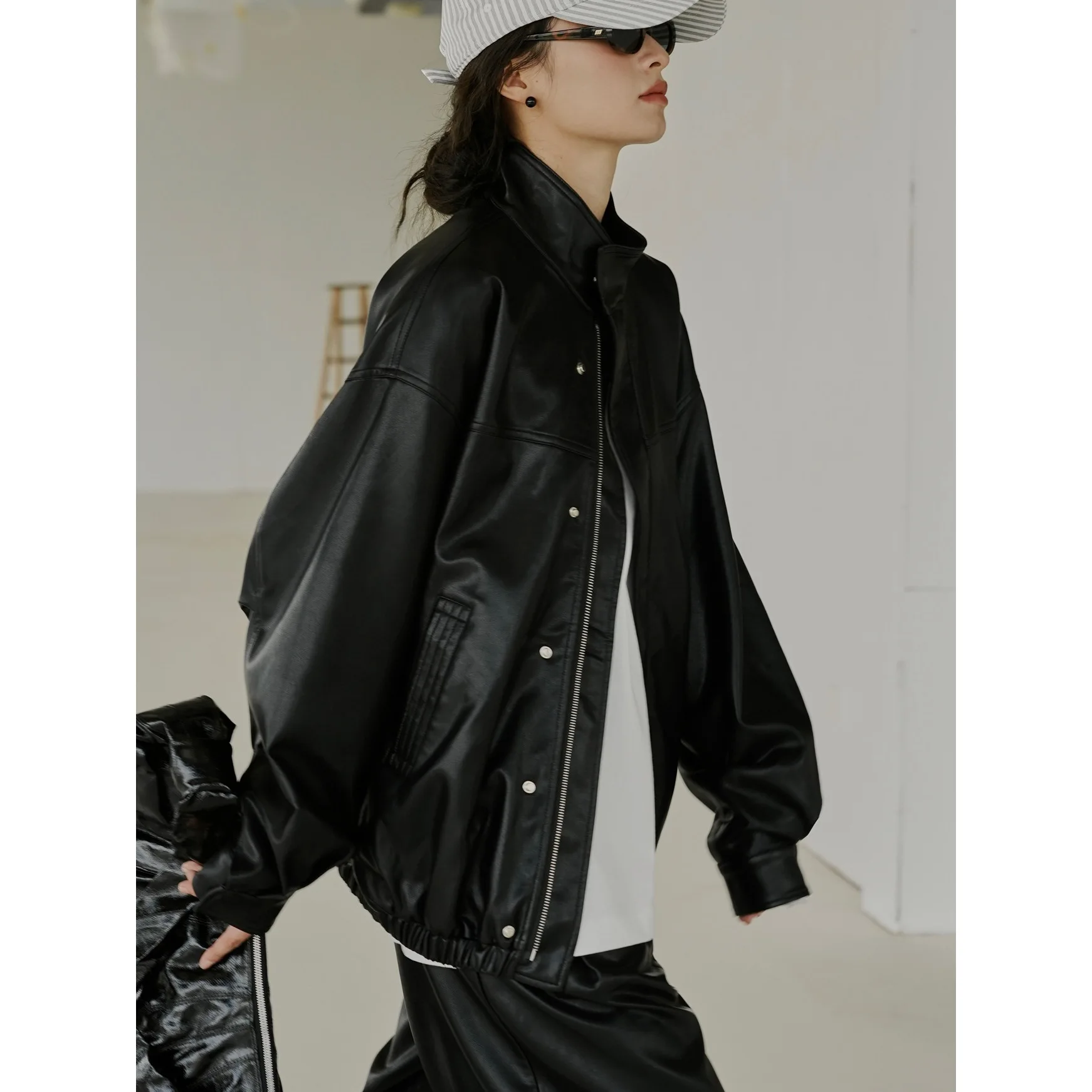 Autumn new Korean retro modern motorcycle PU leather jacket loose slim black casual coat women