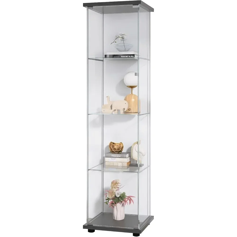 XMSJ-Armoire en verre avec lumières LED, vitrine en verre à 4 étagères avec portes, présentoir en verre transparent sur pied, 64.7 pouces