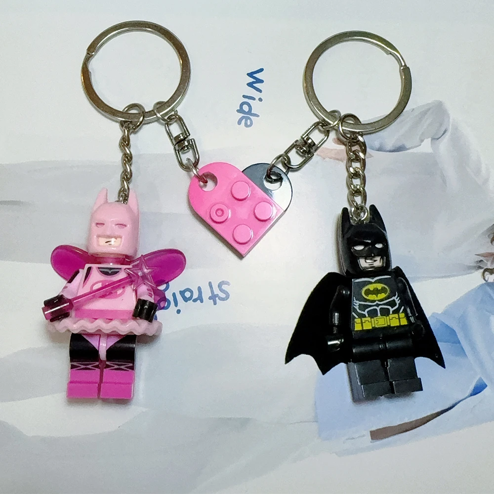 2pcs Handmade 3D Fairy Star Bat Couple Keychain Pink Black Block Splicing Heart Shape Keyring Backpack Key Pendant  Props Gift