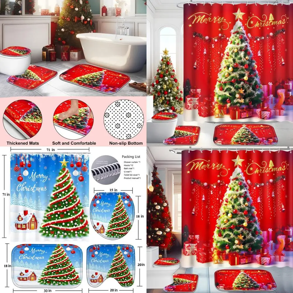 

Holiday Bathroom Decor Set with Shower Curtain, Rugs, and Hooks, Including Christmas Tree