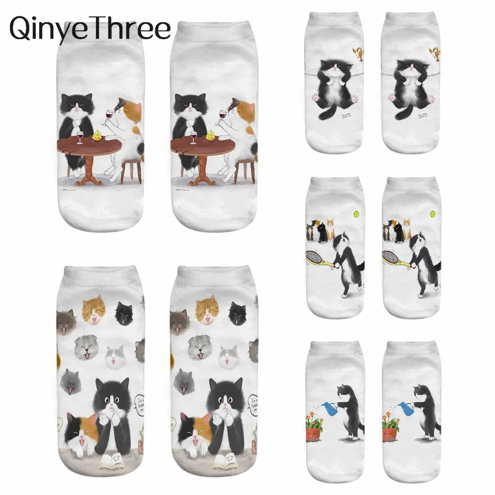 Women's Hot Selling Cartton Animal Cartoon Kitten Unisex Short Socks Creative White Family Cat Life Happy Low Ankle Sokken