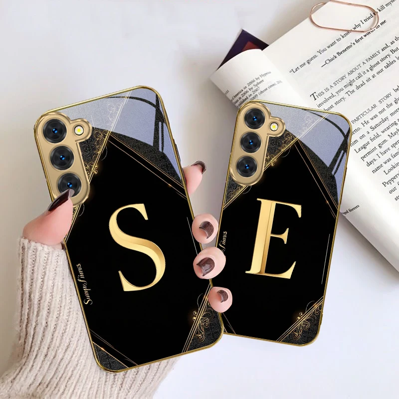 

Luxurious emblem letters For Samsung Galaxy S26 S20 FE S21 S22 S23 Plus S24 Ultra S25Ultra S21+ S22Plus Golden glass phone case