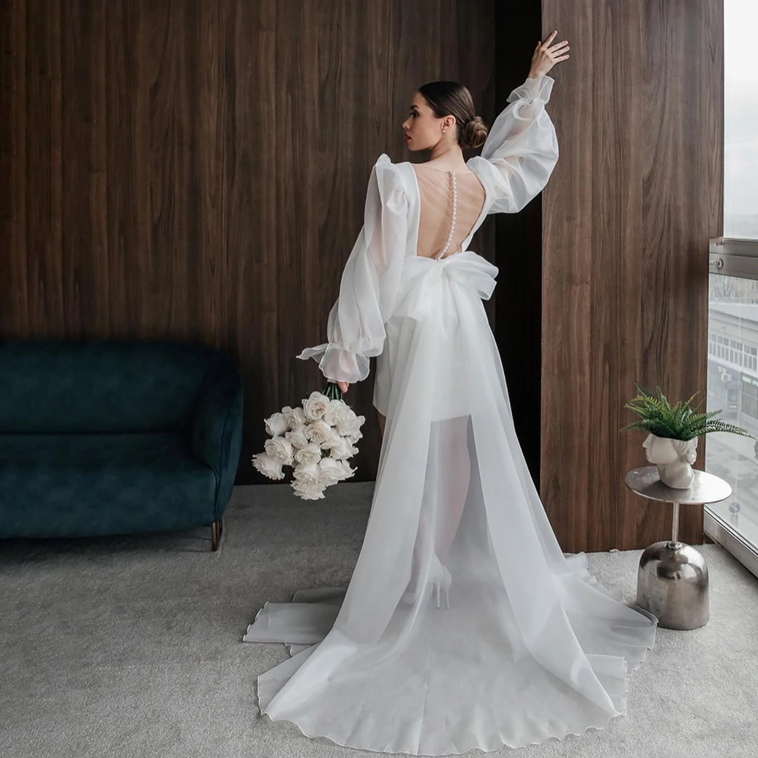 Mini Organza Long Sleeves Wedding Dress Separate Bow Train Simple V Neck Ruched Customized Cute Short Illusion Back Bridal Gown