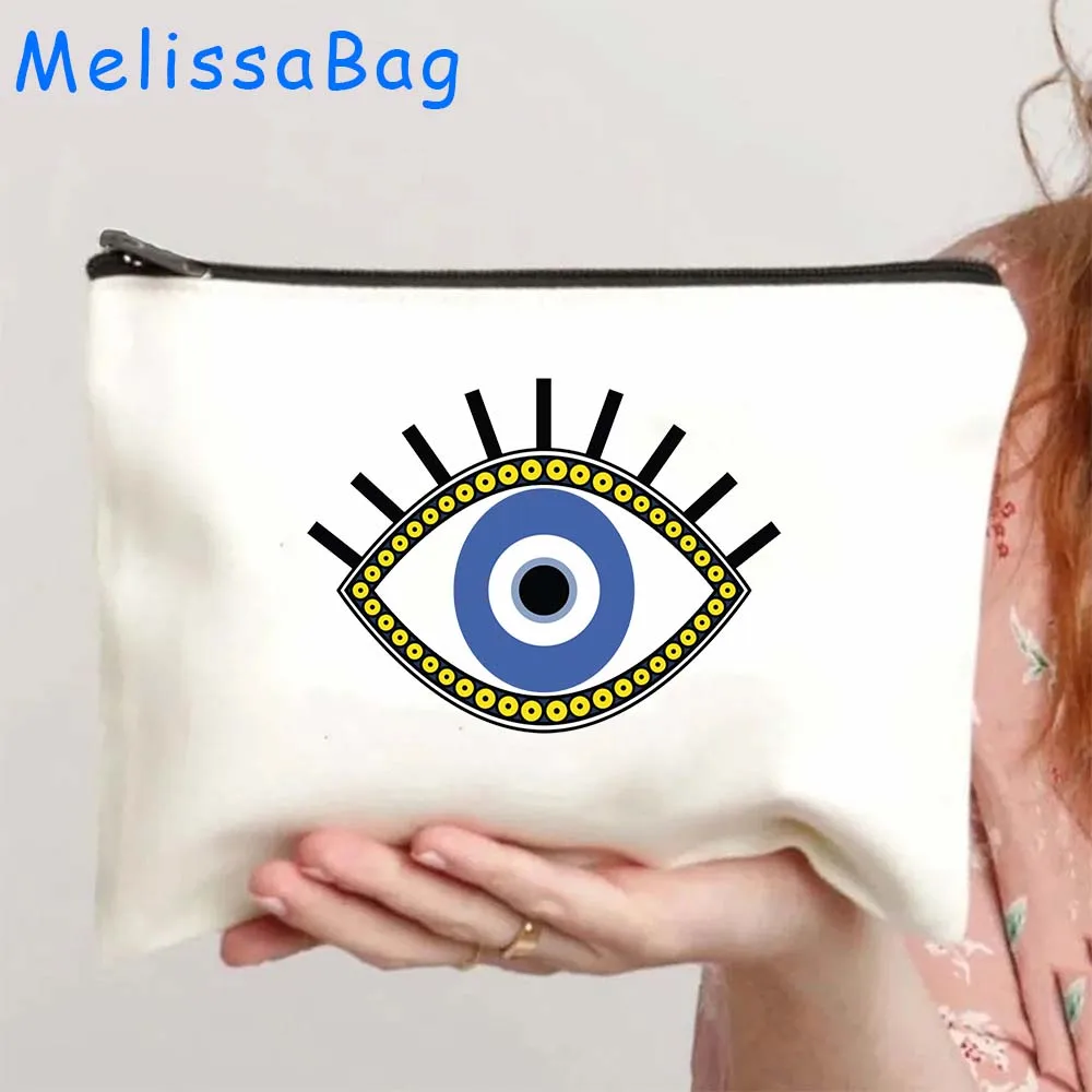 Blue Evil Eye Good Luck Hamsa Hand Colorful Mandala CRETE GREECE Cute Gifts Canvas Cosmetic Makeup Bag Pencil Case Zipper Pouch