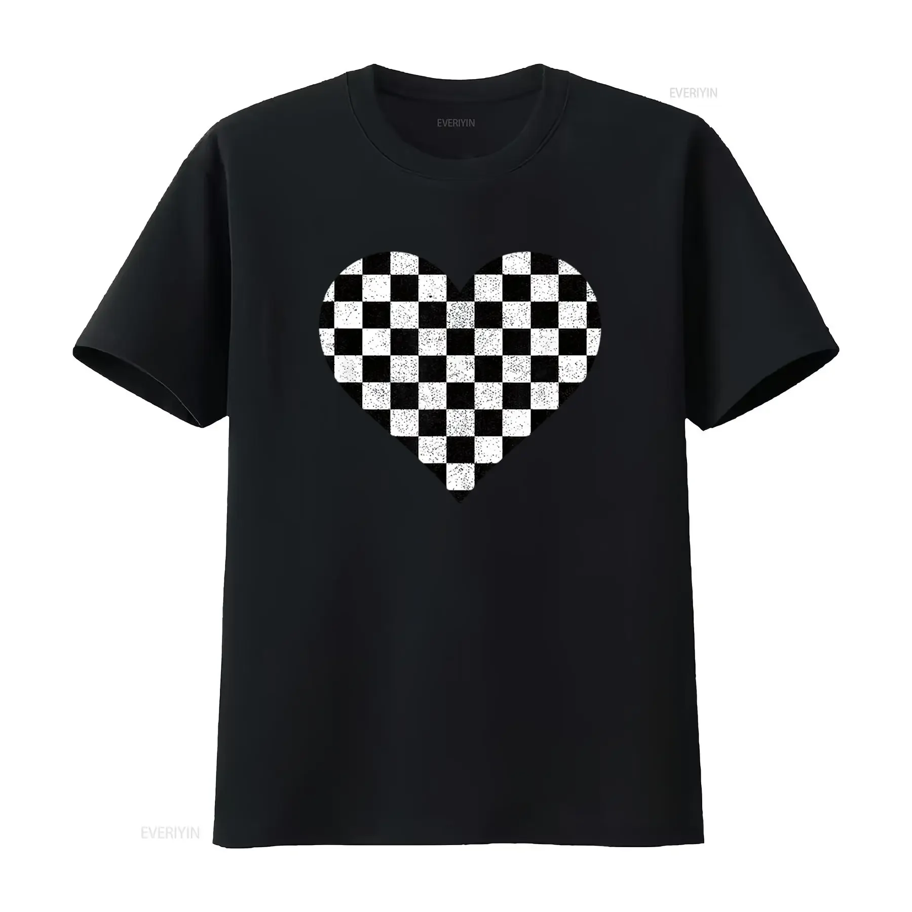 

Womens Checkered Love Heart Black And White Plaid Distressed T Shirt vintage Washed Stylish Casual Versatile Soft homme