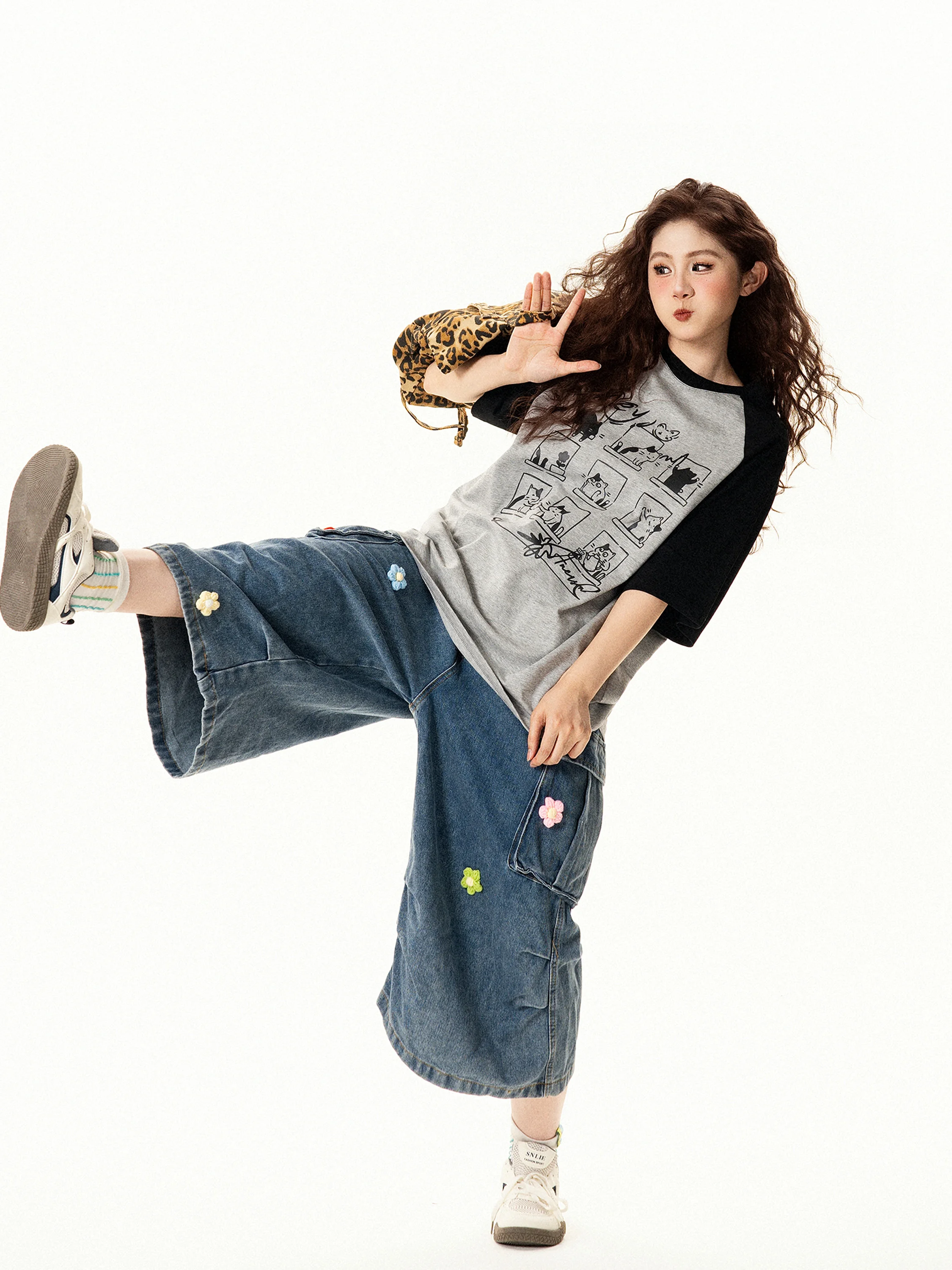 

Retro Print oulder Insert ort Sve T-irt Women's Loose Slimming Summer Faionable Street Sle round Ne Top