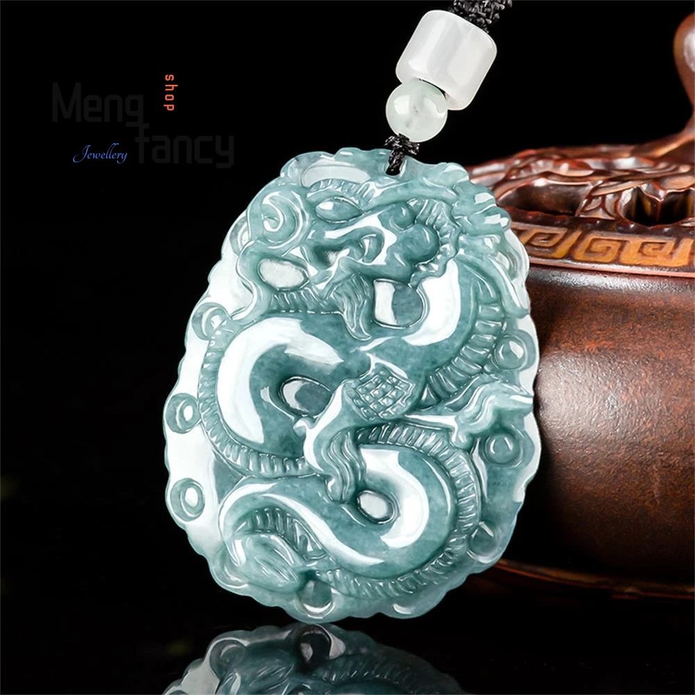 Natural A-goods Jadeite Blue Water Zodiac Dragon Business Prosperity Attracting Wealth Pendant Personalized Fashion Fine Jewelry