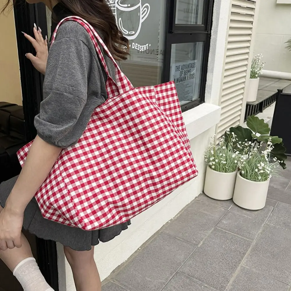 Cute Korean Style Red Plaid Shoulder Bag Check Black Lattice Tote Bag Lightweight Grid Canvas Bag Shopping