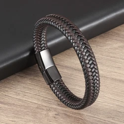 Punk Style Black Brown Woven Leather Bracelet for Men Handsome Jewelry Metal Magnetic Clasp Business Bracelet Friend Gift