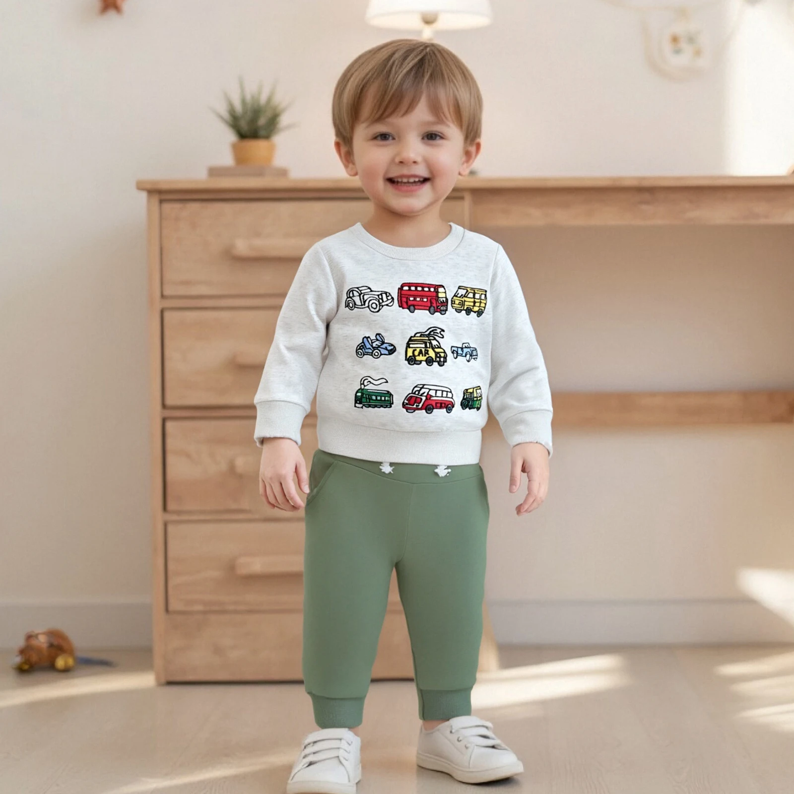 

Toddler Autumn Clothes Boy Fall Outfits Cars Print Long Sleeve Round Neck Pullover Elastic Waist Solid Pants 2 Pcs Set