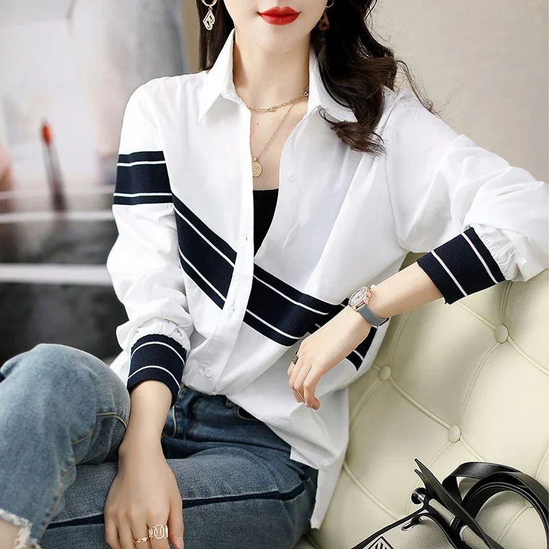 

Fashion Lapel Button Spliced Asymmetrical Shirts Women's Clothing 2024 Autumn Winter Loose Casual Tops Commuter Blouses N806