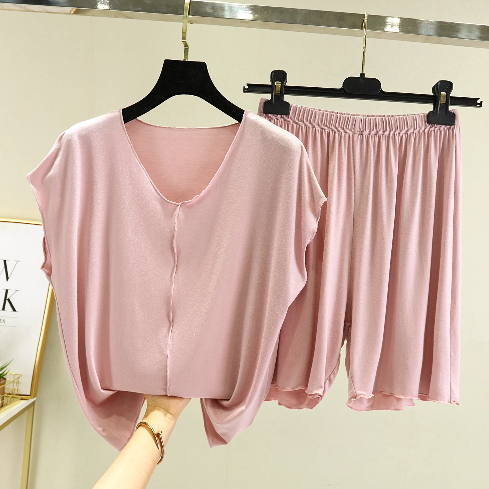 Modale Estate Sottile Allentato Casa Spwear di Grandi Dimensioni V-Ne Svel T-irt A Vita Alta Orti Set A Due Pezzi Abbigliamento Casual da Donna