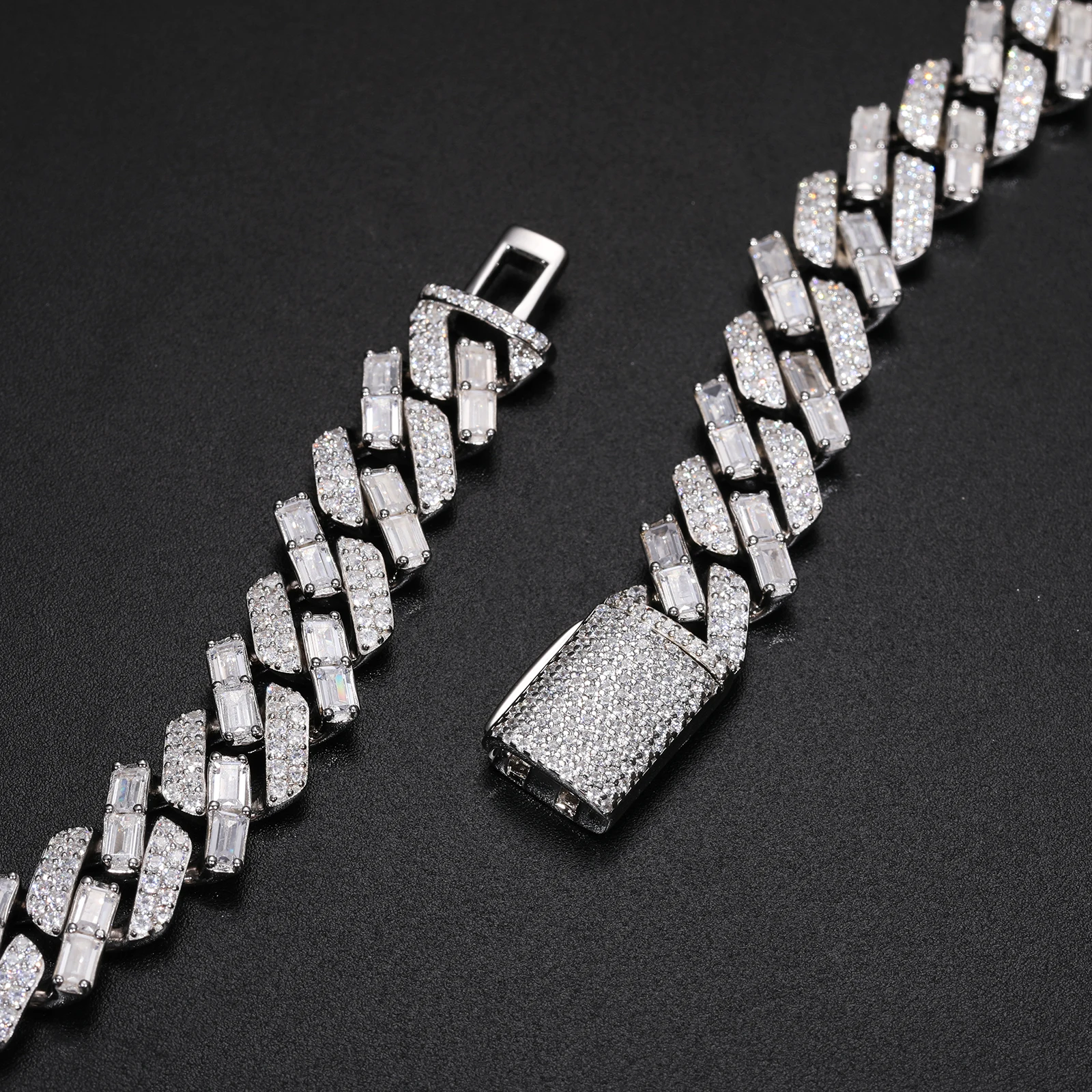Diamond Pass Tester 12mm 14K 18K 925 Sterling Silver VVS Baguette Moissanite Iced Out Cuban Link Chain Necklace for Men..
