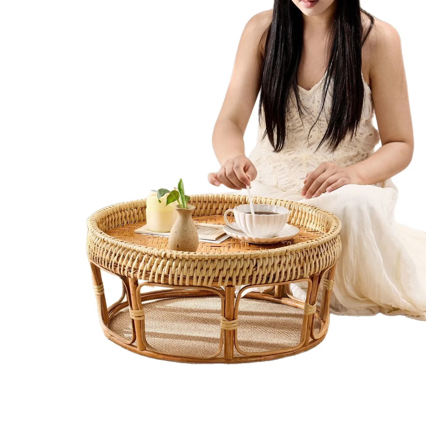 Rattan coffee table bay window tea table bamboo household tall fruit plate fruit basket light