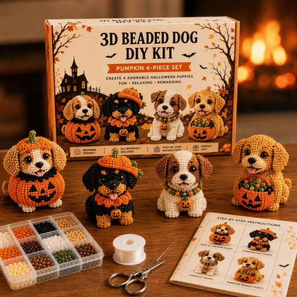 Tiny Beads Halloween Beaded Dog Kit Animal Shape Cute Design 3D Beaded Animal Kit Creative Craft 3D Beaded Ornament Set