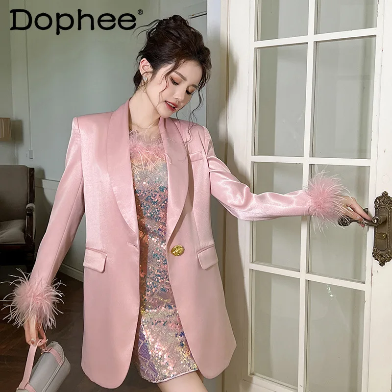 French Style Loose Pink Satin Blazers for Women 2024 Spring New Feather Stitching Mid-Length Long Sleeve Jacket Female