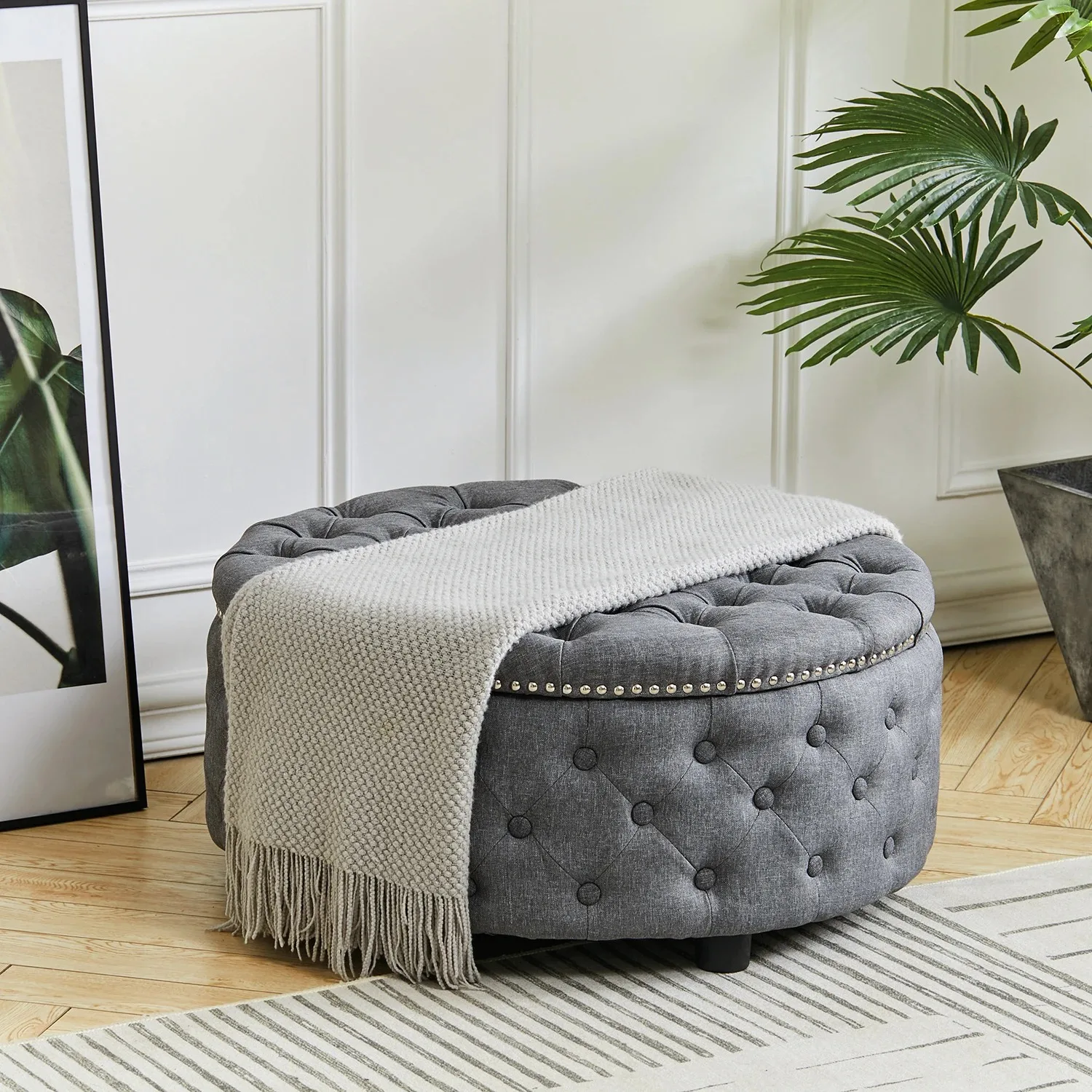 Round Linen Deep Buttoned Ottoman with Studded Edge