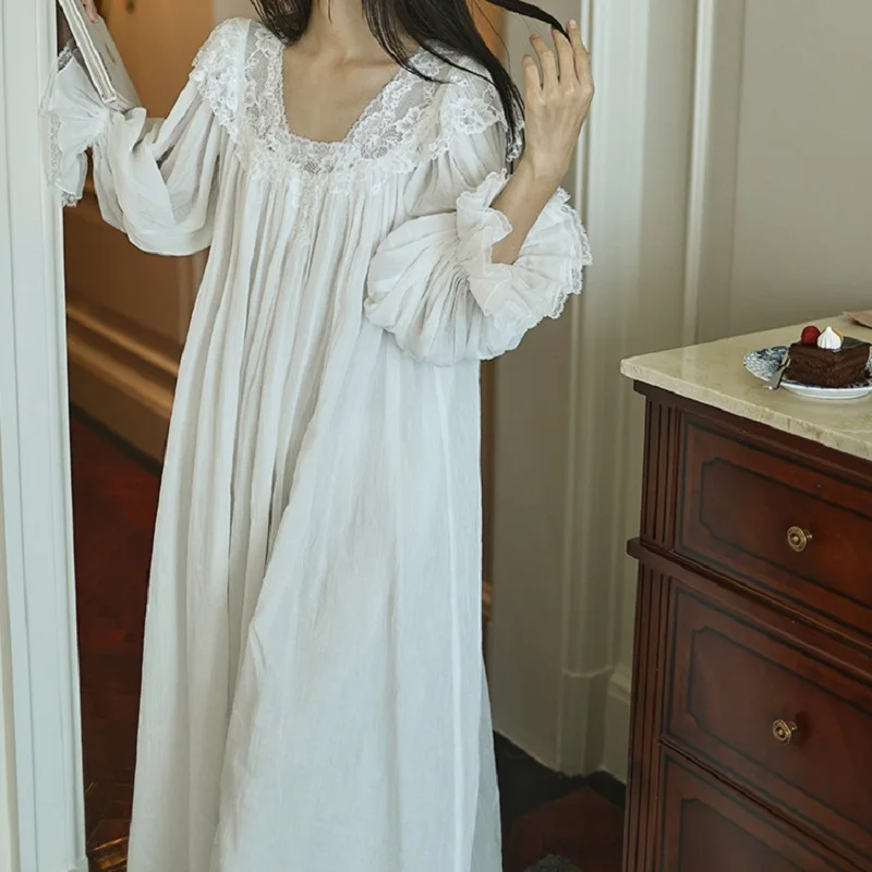 Delicate Vintage Embroidery Cotton Women's Long Nightgowns With Breast Pads Luxury Sleepwear Elegant Loose Spring Autumn Dress - Image 4