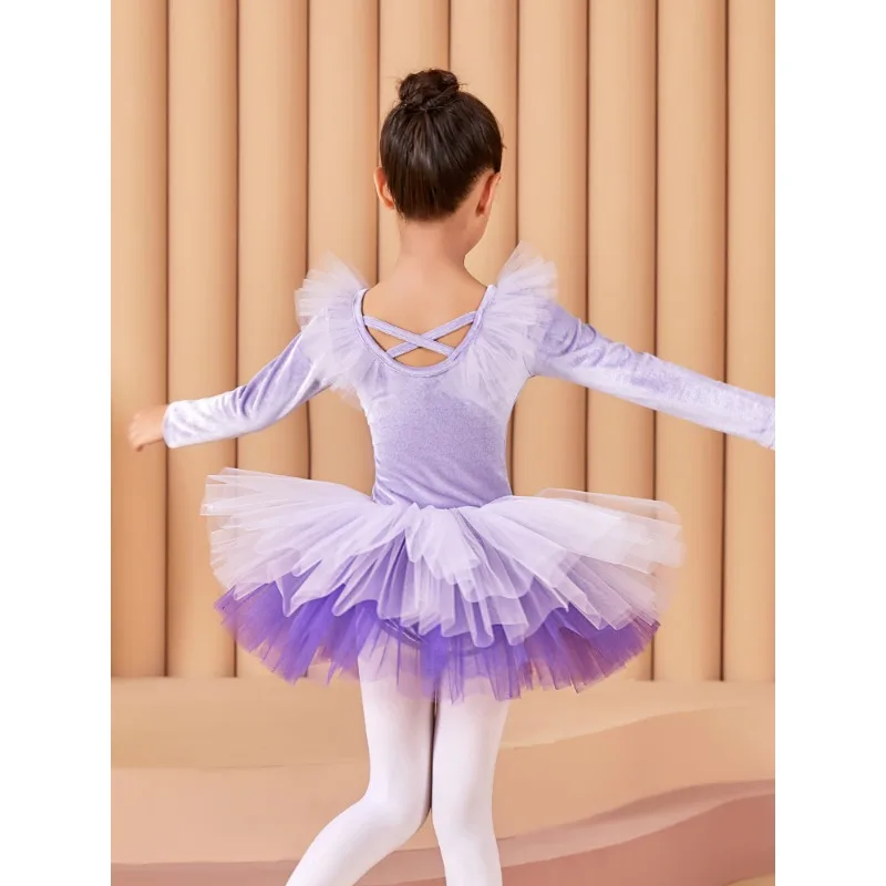 مايوه الباليه الأطفال طويلة الأكمام المخملية ملابس الرقص الدافئة ممارسة الملابس نيسيي الفتيات الباليه تنورة توتو تنورة الباليه