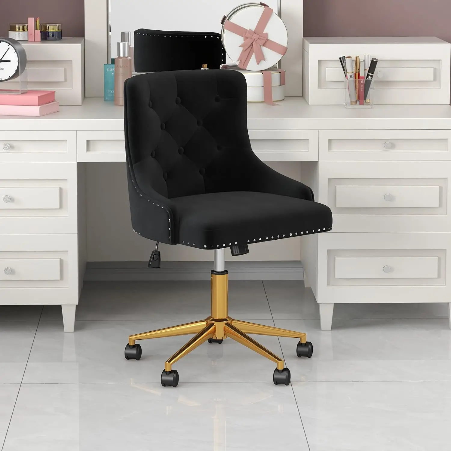 Velvet Desk Chair, Upholstered Adjustable Swivel Makeup Vanity Chair, Black