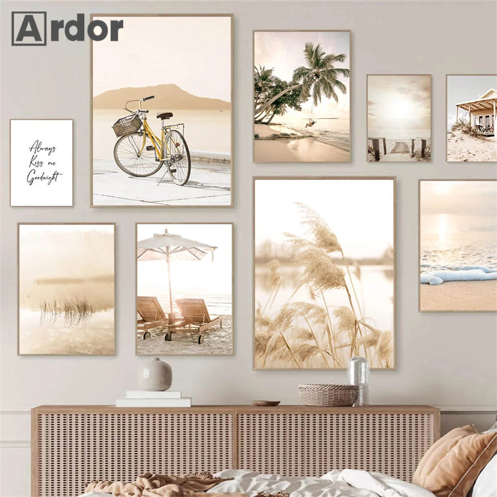 

Beige Scenery Beach Canvas Prints Reed Painting Poster Coconut Tree Wall Art Print Bridge Bike Nordic Wall Pictures Home Decor