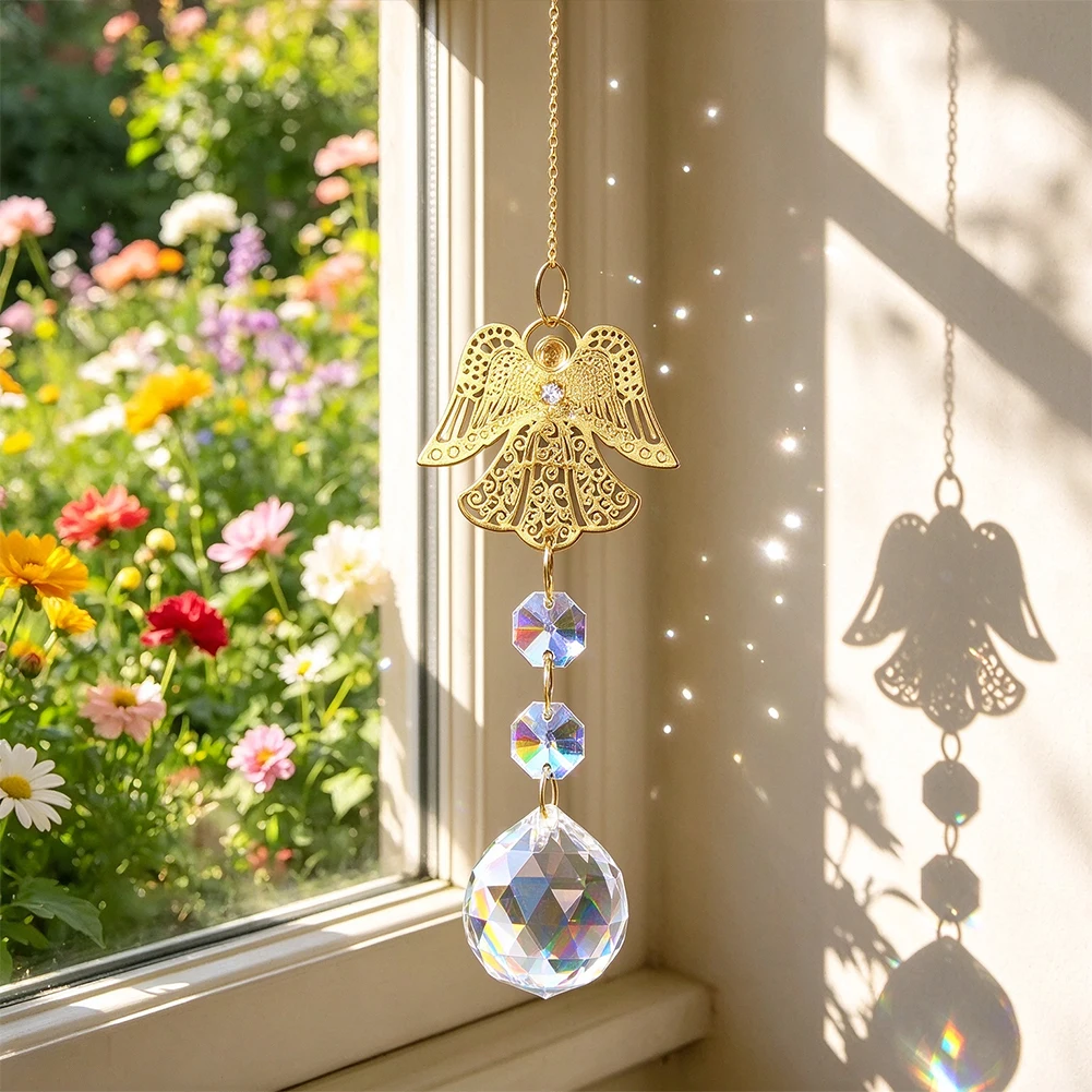 Gold Angel Wings Crystal Ball Suncatcher Prism Rainbow Maker Celestial Fairy Chime Window Garden Balcony Boho Hanging Decor