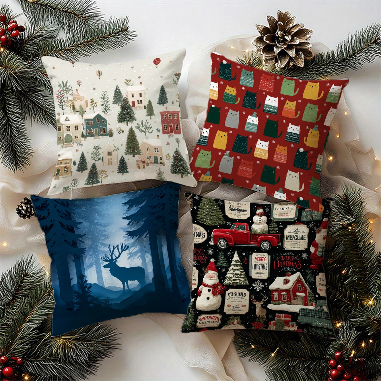 Christmas Cute Scene Pillow Covers attern Cushion Cover Suitable for Sofa Bedroom Car Pillow Cover