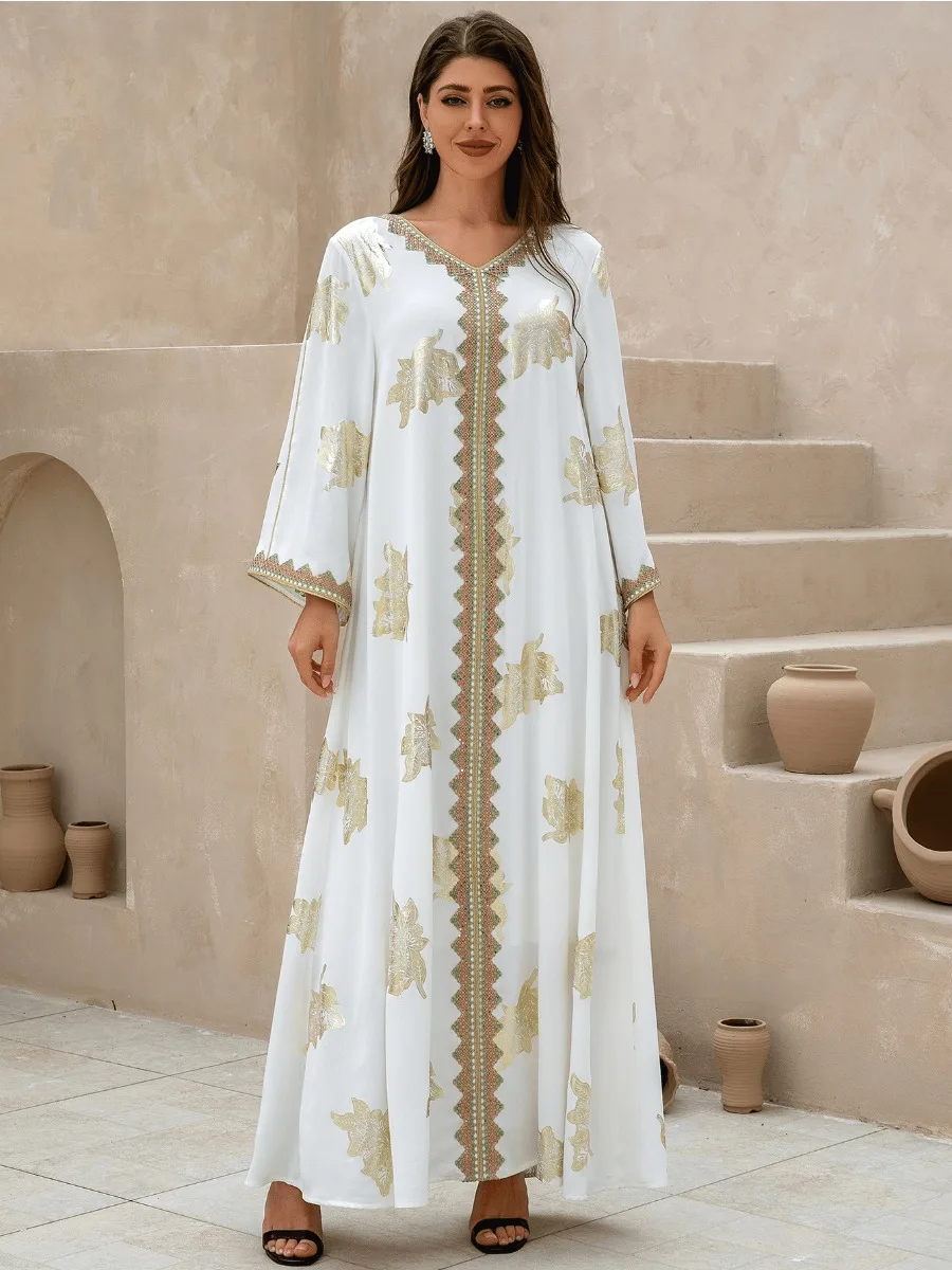 Vestido musulmán Eid para mujer, Abaya de fiesta con cuello en V, Abayas árabes de Dubái, Jalabiya, caftán, túnica larga, 2024