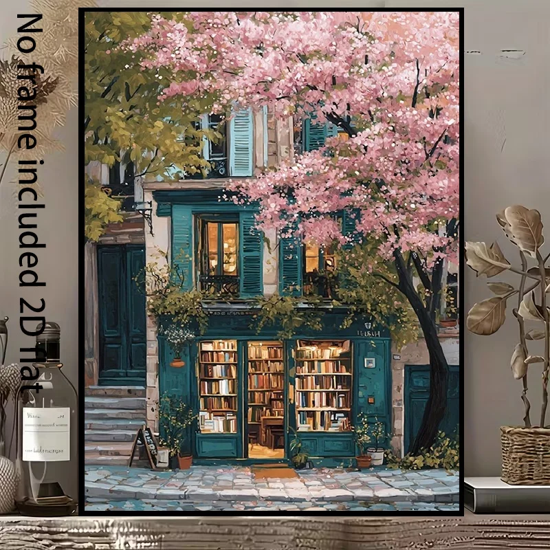 2D Flat, 2D Flat, 1pc of Decorative Canvas Art Featuring a Bookstore Under Spring Cherry Blossoms: a Romantic Scene with Warm