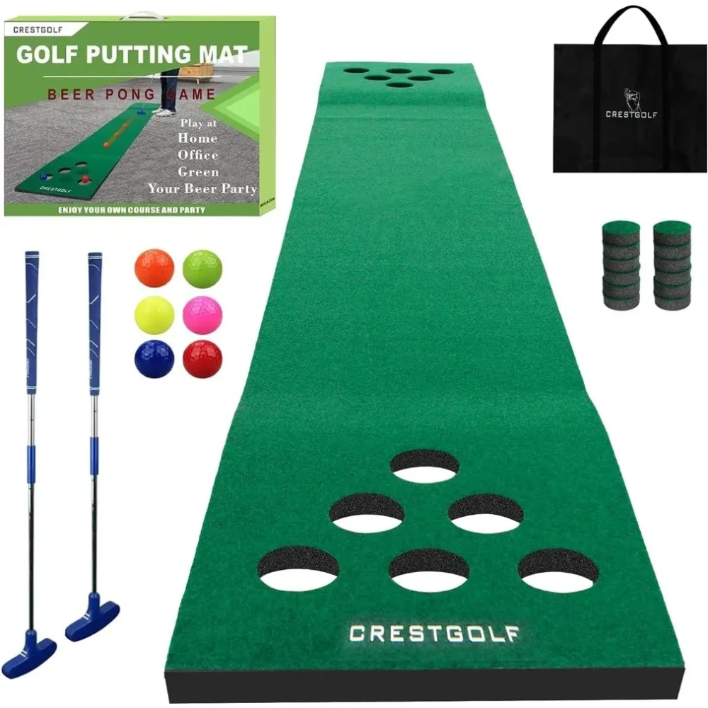 

Golf Pong Mat Game Set Green Mat,Golf Putting Mat with 2 Putters, 6 Golf Balls,12 Golf Hole Covers for Indoor