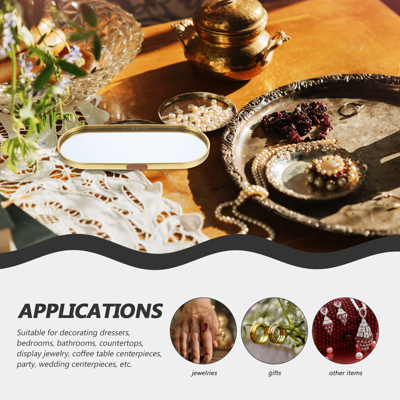 

Vanity Tray for Dressing Table Jewelry Golden Trays Jewellery Mirror Serving Perfume Display