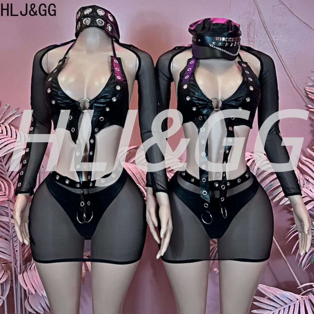 HLJ&GG Sexy See Though Leather Splicing Bodycon 4 Piece Sets Women Hollow Long Sleeve Crop Top+Skirts Outfits Lady Club Clothing