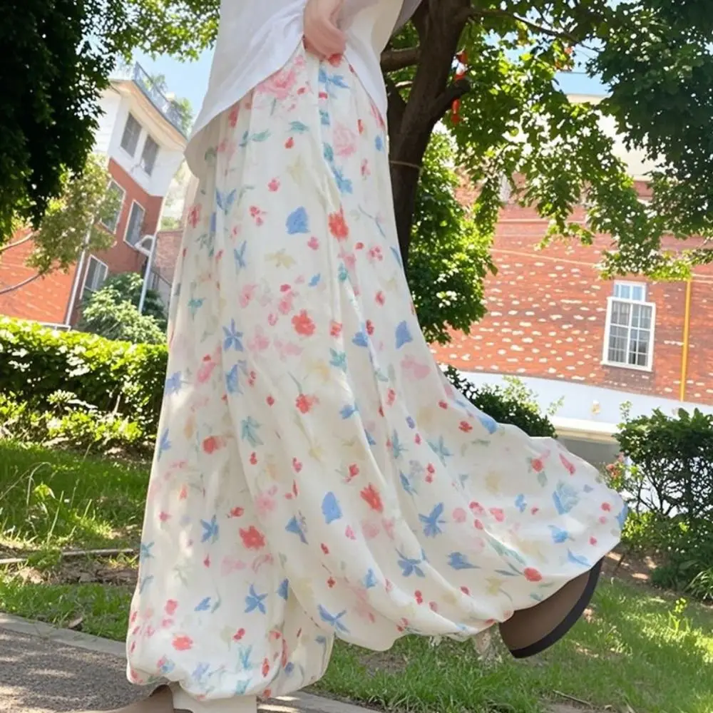 Pastel Floral Print Wide Leg Pants Lightweight Flowy Drape Floral Pants Loose Fit Full Length Women Summer High Waist