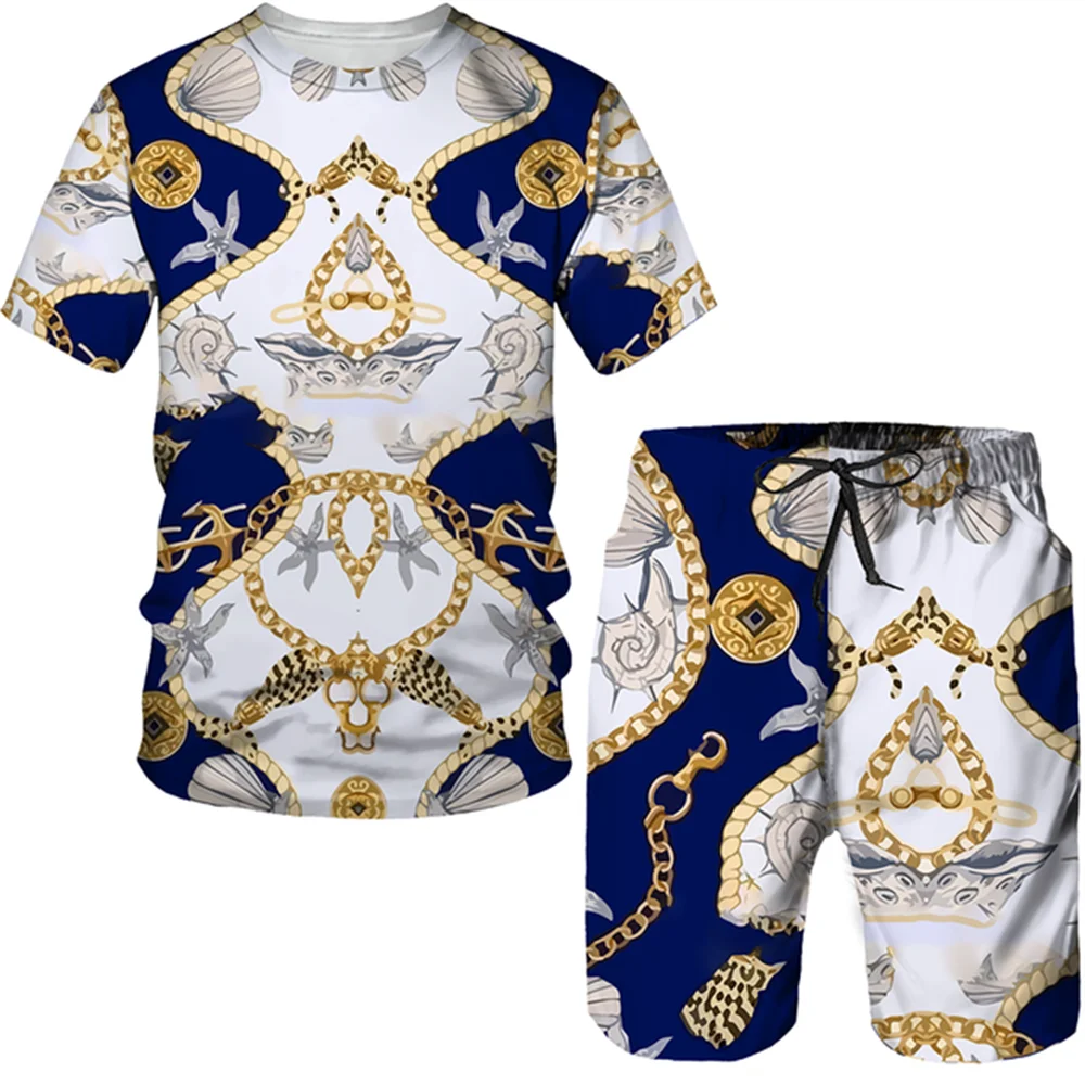 Summer 3D Printed T-shirt Shorts 2-Piece Casual  Luxury Retro Gold Pattern Men\'s  Sports Suit Fashionable 2023 Street Men\'s Wear