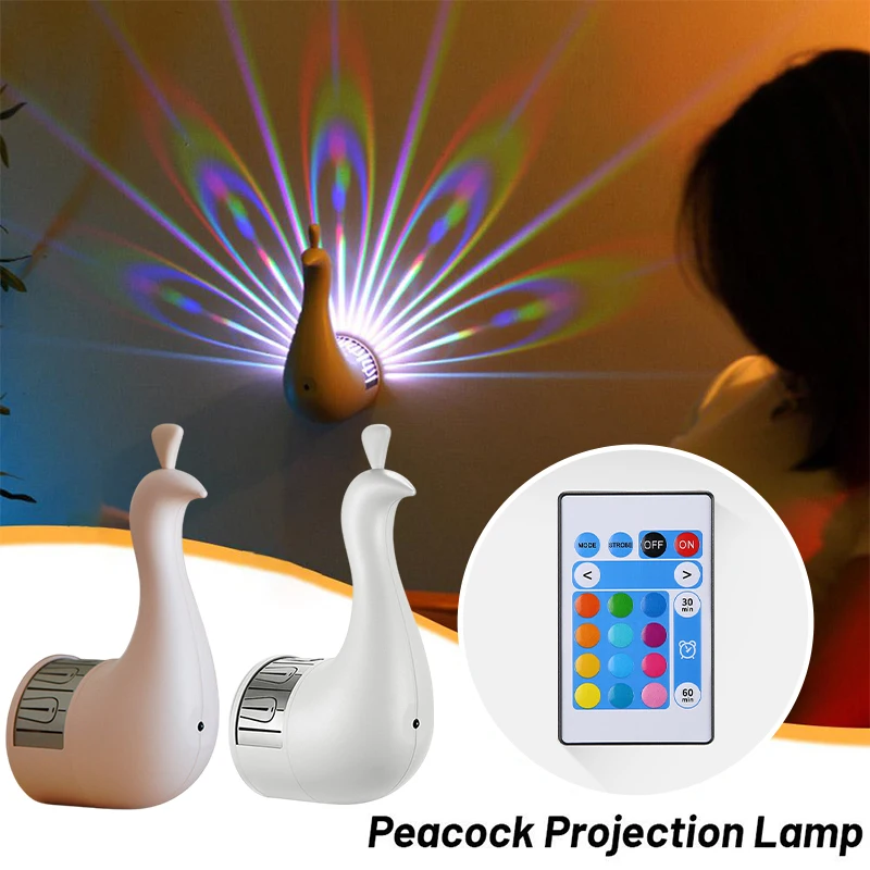 Peacock Projector Lamp Remote Control Night Light Bedside Colorful Atmosphere Light Creative Wall-mounted 9 Modes For Gift